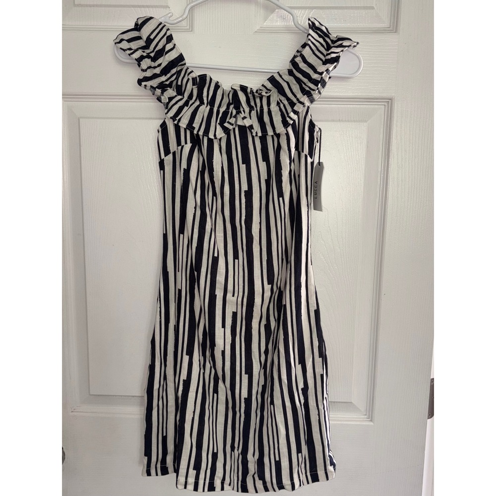 NEW Lucca Couture Sz S Black‎ White Ruffle Off Shoulder Dress Linen Cotton Blend
